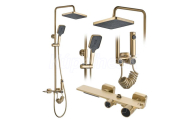 Rea HELIX sprchový set s termostatom,poličkou,výtokom,ruč.sprch,hl.sprch,brús.Zlato P6621